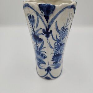 Vintage Vietnamese Blue White Porcelain Vase Hand-Painted Floral Motif 6"